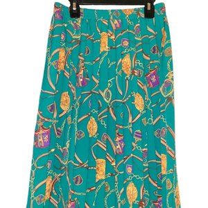 Alfred Dunner, Skirt,Turquoise skirt with gold +purple chains, 27 in,Women's 10P